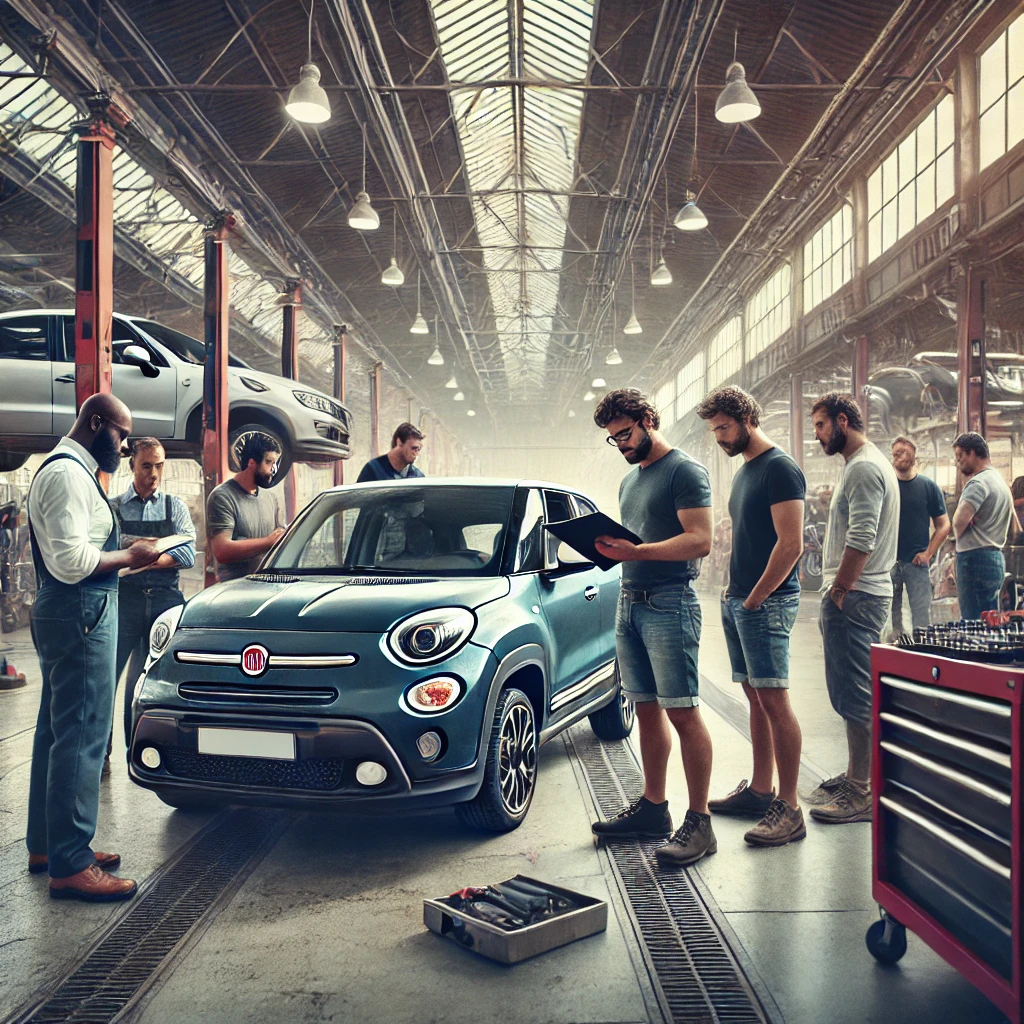 Men preparing a Fiat 500L for export at a service center in Abu Dhabi.