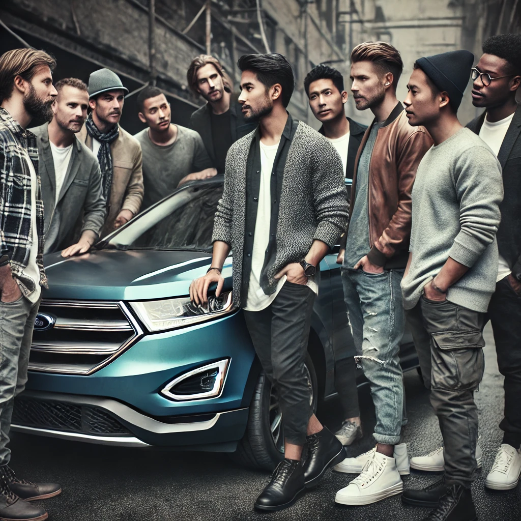Men discussing a Ford Edge to understand car resale value in Abu Dhabi.