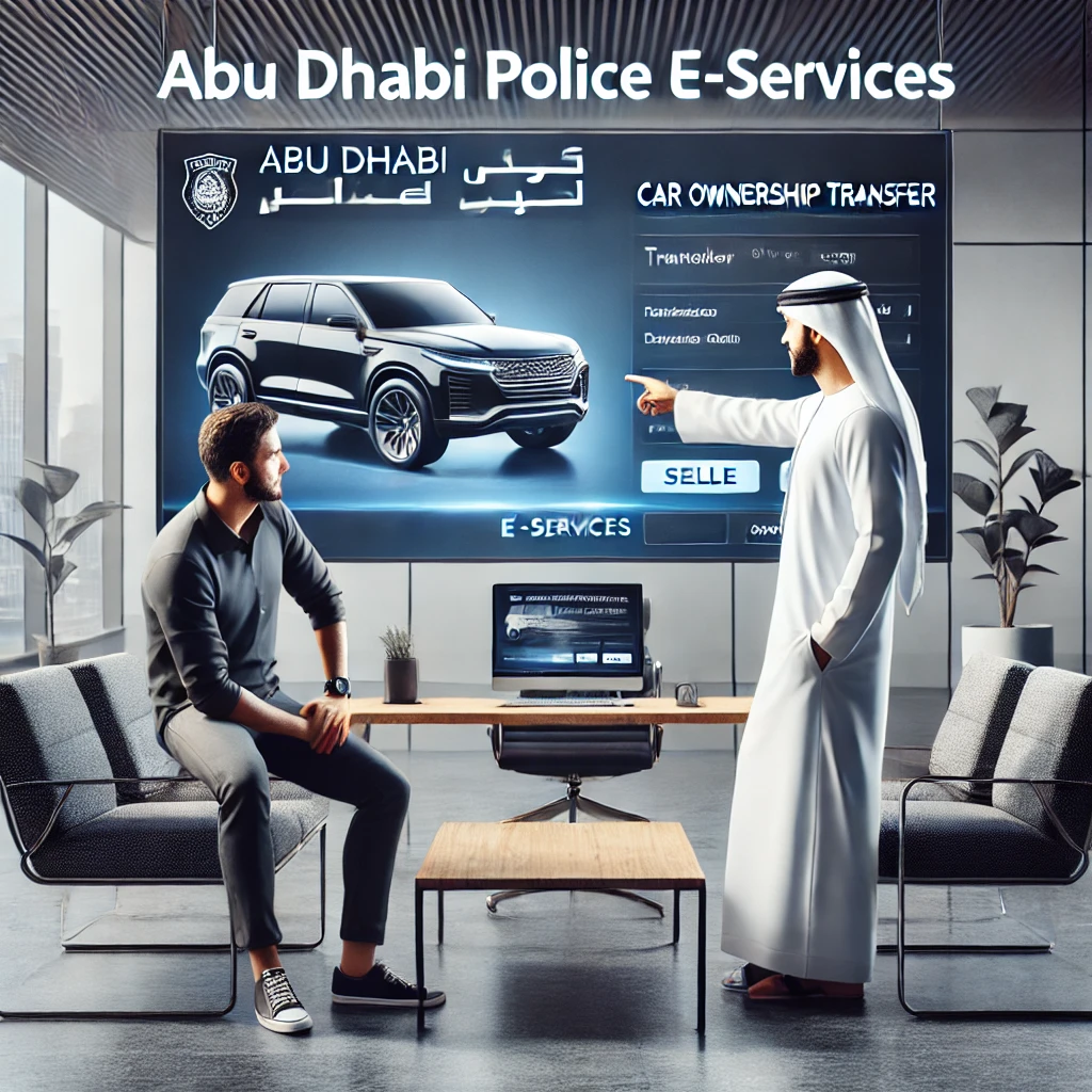 Two men using Abu Dhabi Police E-Services to sell a car in an office setting