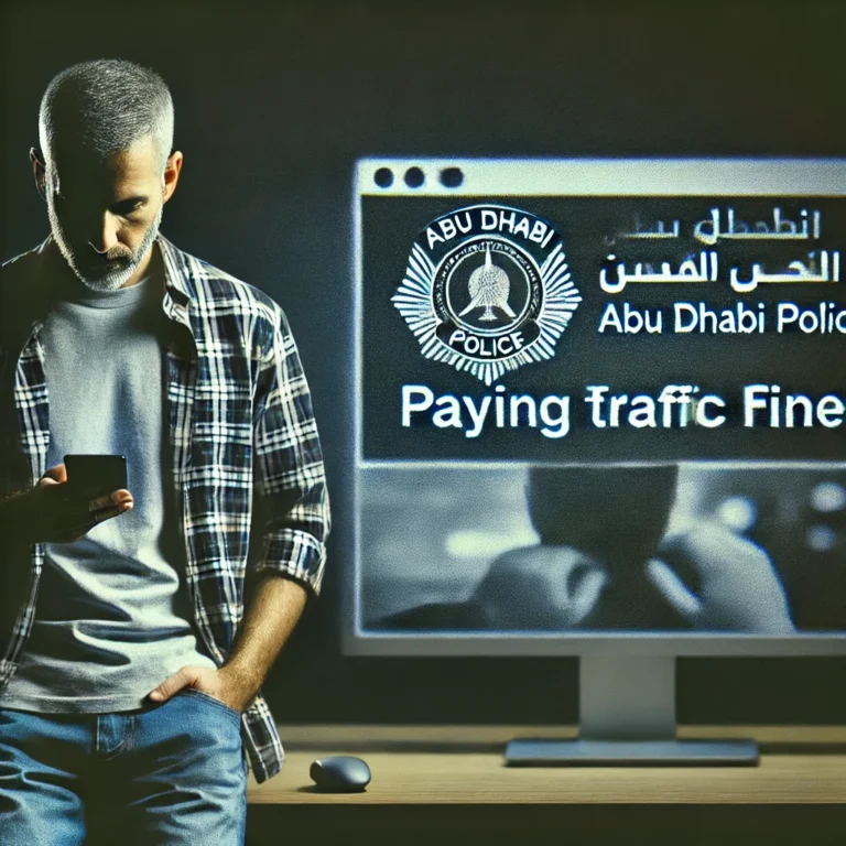 Man paying Abu Dhabi Police fines online, focusing on a computer screen in a dimly lit room.