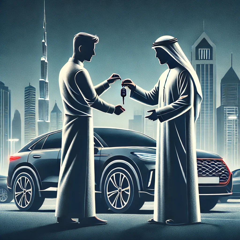 Two men conducting a car sale in Abu Dhabi, emphasizing We Buy Used Cars service.