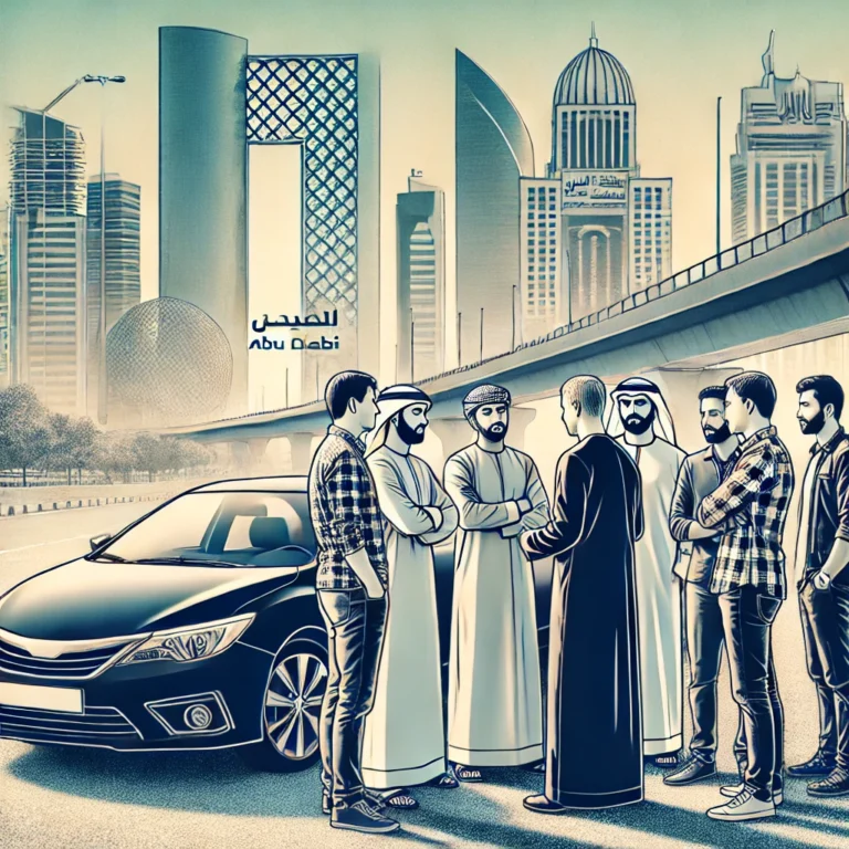 Group of men discussing car sales in Abu Dhabi with traffic fine discounts visible.