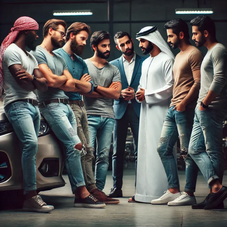 Diverse men discussing selling an old car for cash in Abu Dhabi