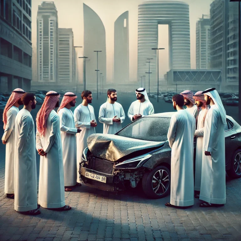 Men discussing to sell car for cash around a damaged vehicle in Abu Dhabi