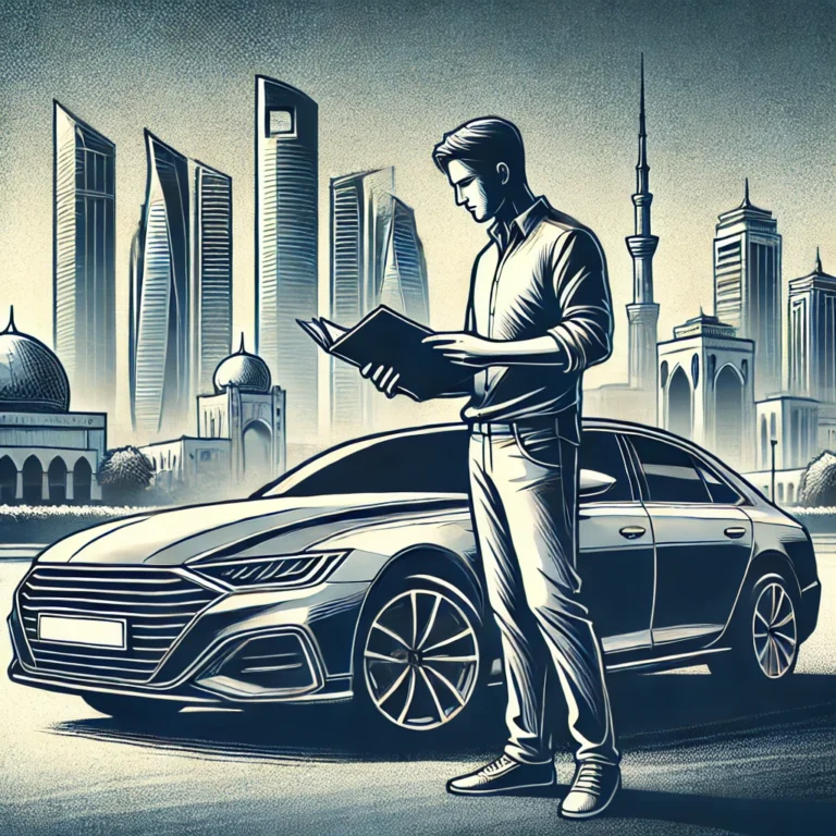 Man reviewing car documents in Abu Dhabi, ready to sell car for cash.