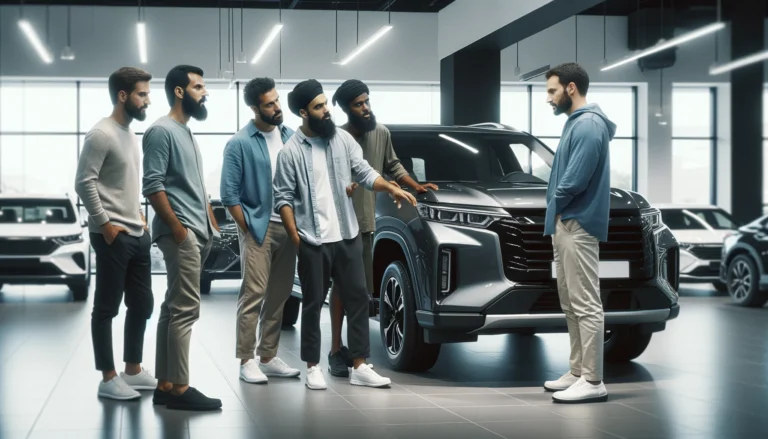 Men discussing an affordable SUV in a car dealership in Abu Dhabi, ideal for those seeking cash for cars.