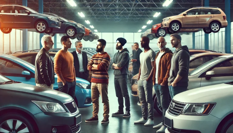 Diverse group of men discussing cars at a dealership in Abu Dhabi, great deals to buy car for cash.