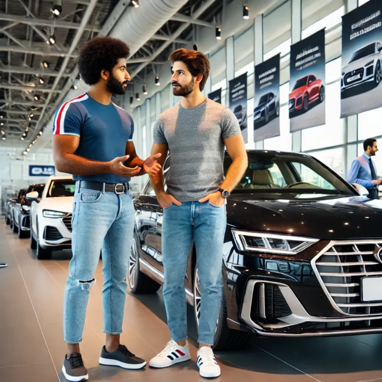 Two men discussing car features at an Al Ain dealership, related to getting an Al Ain driving license.