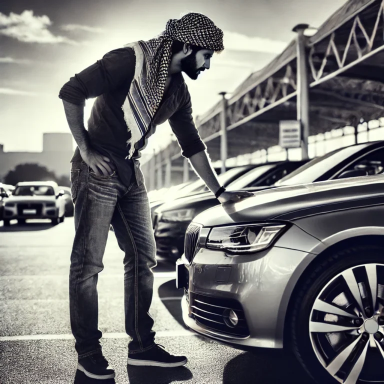 Man inspecting a second-hand car to sell in Abu Dhabi today