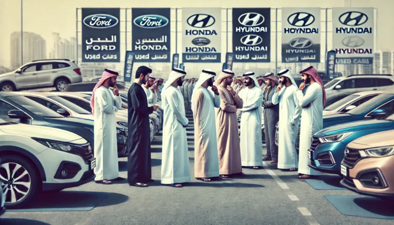 Diverse men exploring used cars in Abu Dhabi at a dealership, featuring Ford, Honda, and Hyundai models.