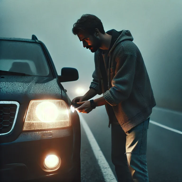 Man checking car lights in Abu Dhabi fog to prevent accidents