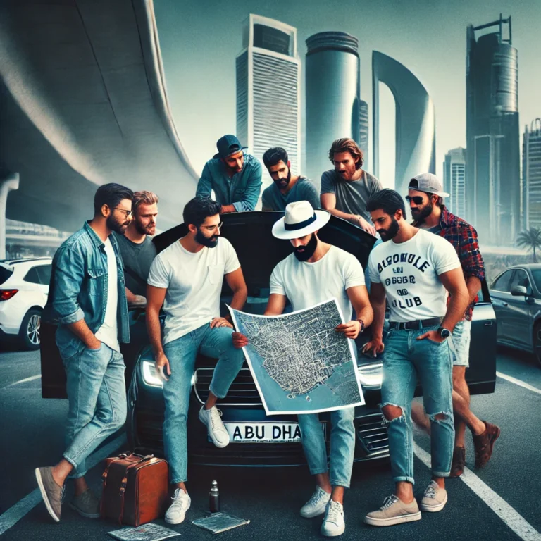 Group of men in casual wear discussing Abu Dhabi driving rules around a car in a city parking lot.