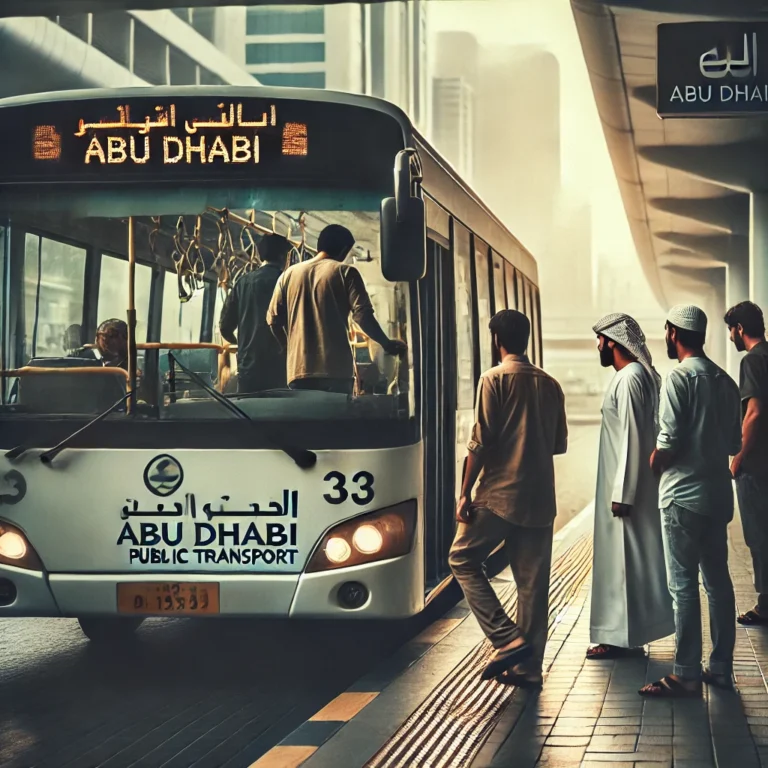 Men boarding a bus in Abu Dhabi, highlighting convenient bus fares and routes