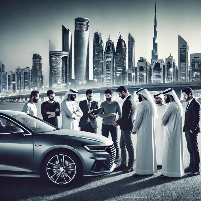 Diverse men discussing Abu Dhabi car value around a vehicle in a city setting.