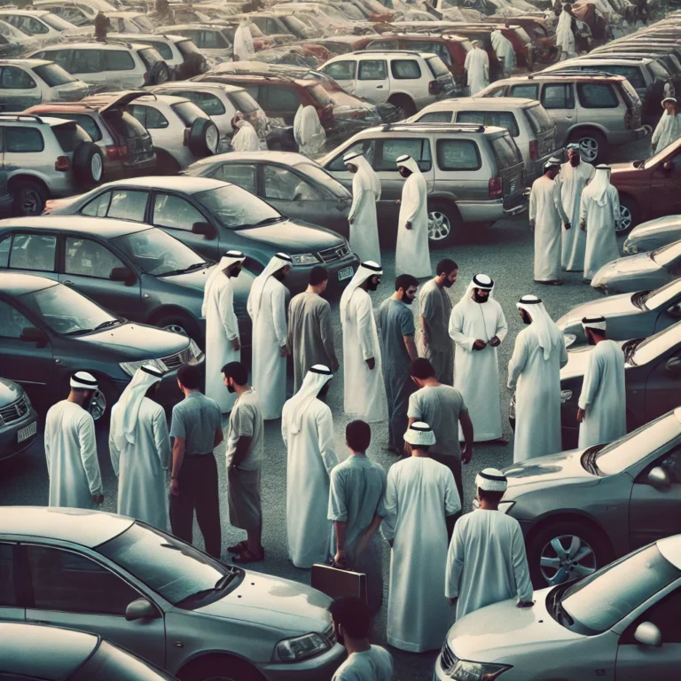 Busy scene at Aweer Used Car Market in Abu Dhabi with diverse buyers and various cars.