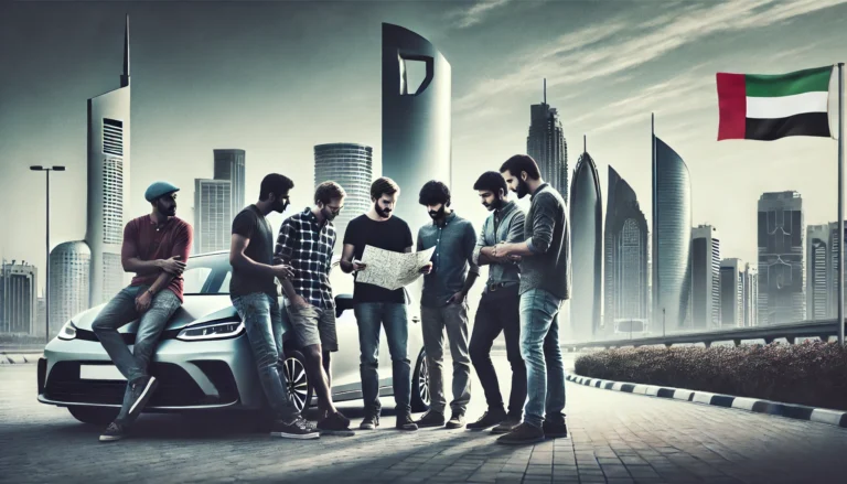 Men discussing Abu Dhabi toll registration beside a car with cityscape background.