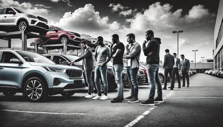 Men discussing affordable SUV options at a car dealership in the UAE