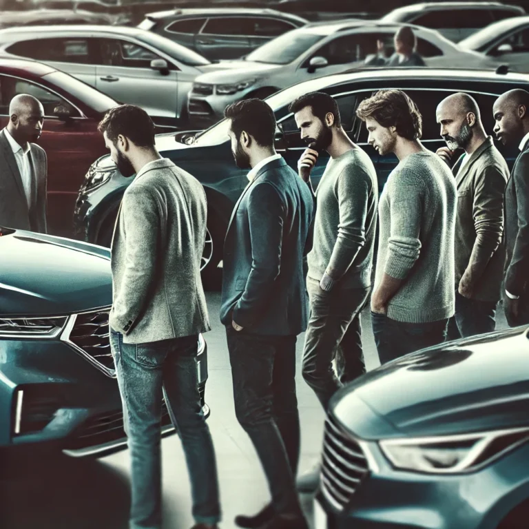 Diverse men discussing Arabian automobiles used cars at a dealership