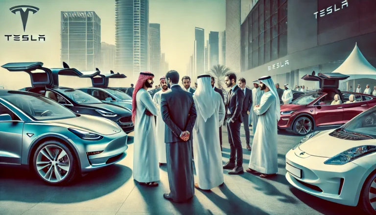 Group of men examining top electric cars in a showroom in Abu Dhabi