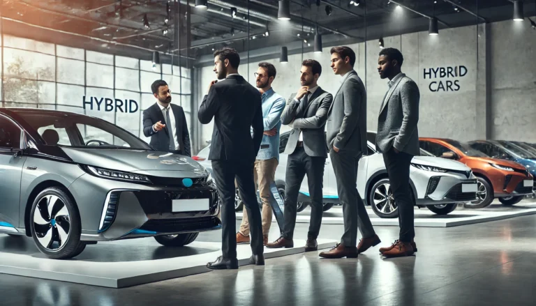 Diverse men discussing best hybrid cars UAE in a showroom