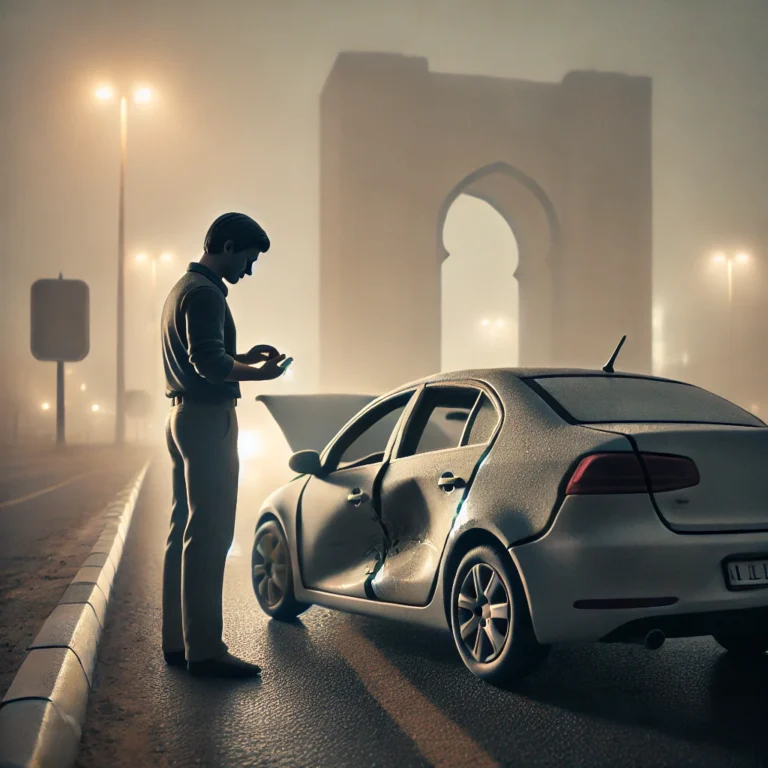 Man assessing car damage after a fog-related accident in Abu Dhabi to sell his vehicle now.