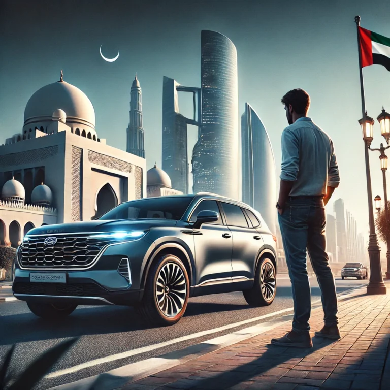 Man examining the best midsize SUV in UAE near Abu Dhabi landmarks