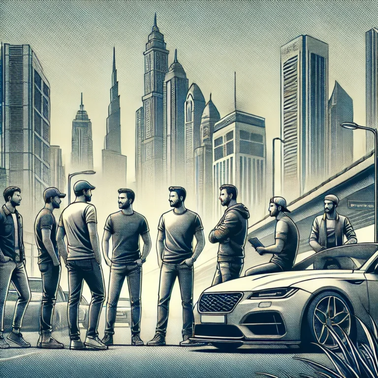 Group of men discussing the best cars in UAE at an urban car dealership.