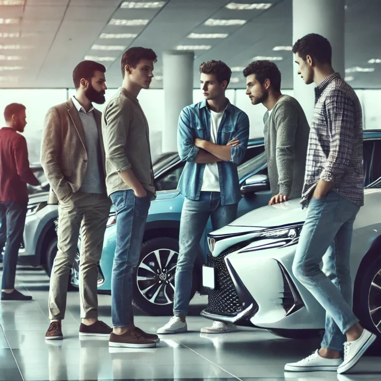 Group of men discussing best resale value cars in a UAE showroom