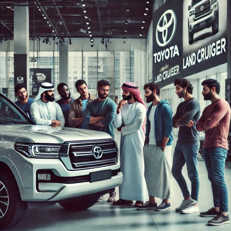 Group of men evaluating the best resale value cars in a UAE showroom