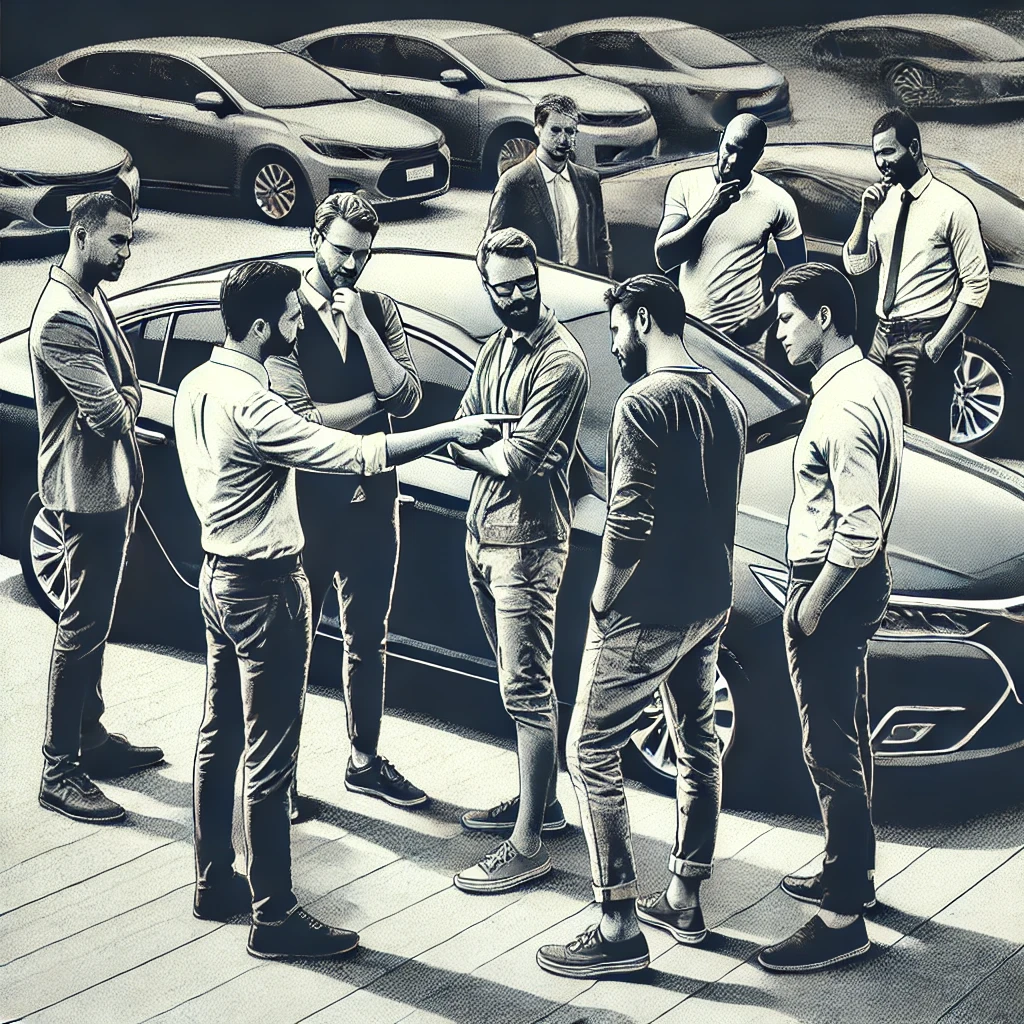 Men discussing car features during a sale in Abu Dhabi