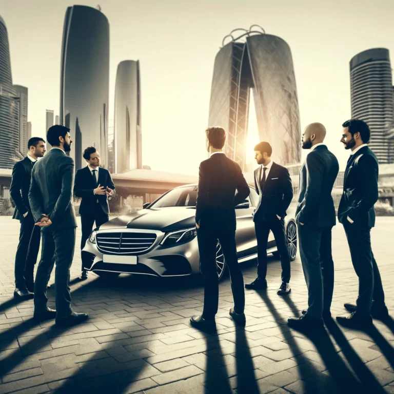 Group of men discussing the best sedan car UAE in an urban setting