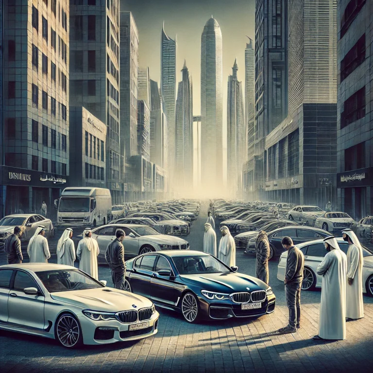 Busy street scene in Abu Dhabi with best selling cars UAE, featuring a BMW 7 Series.