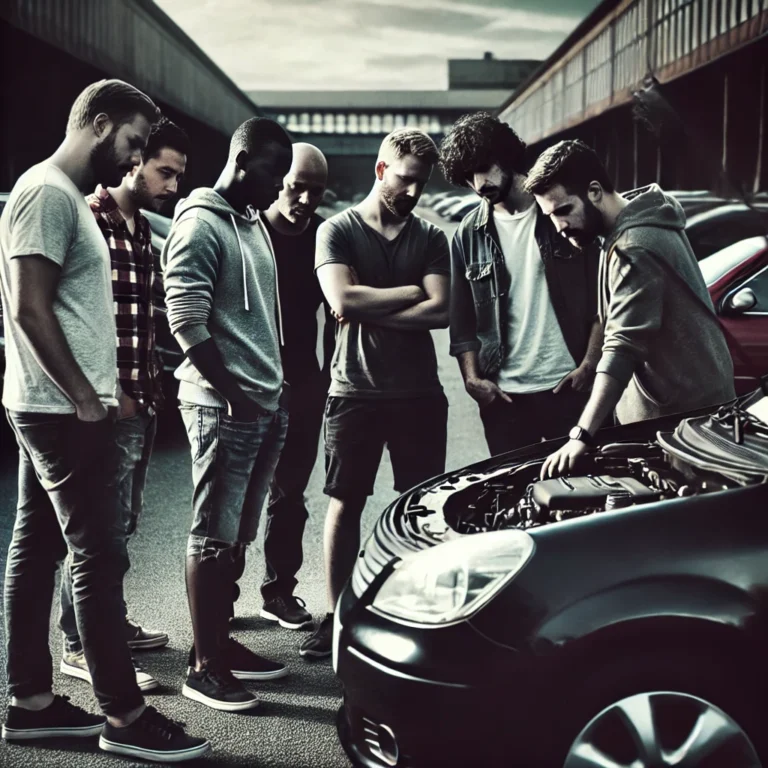 Men inspecting a used car in Abu Dhabi, discussing its condition and features.