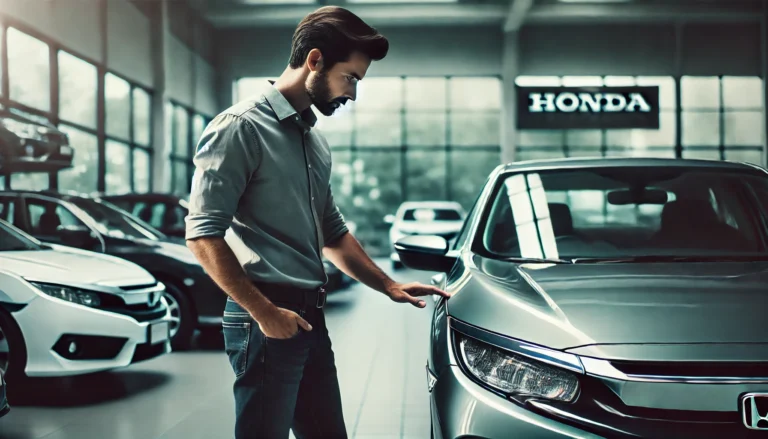 Man inspecting a used Honda at a dealership in Abu Dhabi