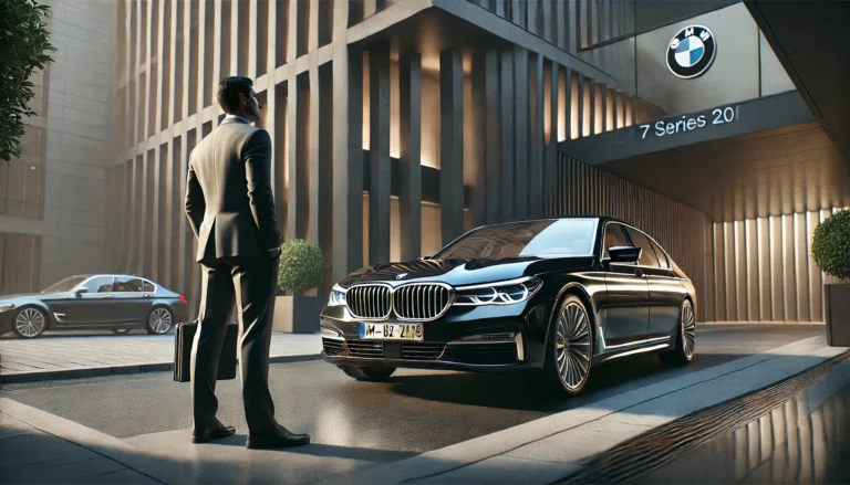 Man admiring BMW 7 Series 2016 in urban setting