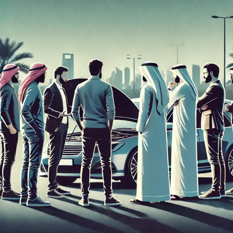 Men discussing a car at a UAE car auction buying service event