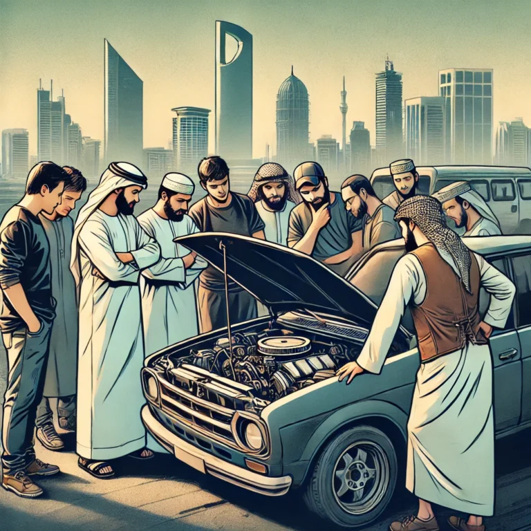 Car buyer in Abu Dhabi inspecting a used car with friends