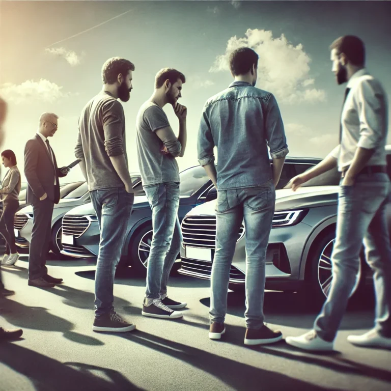 Group of men discussing car deals at a dealership in Abu Dhabi