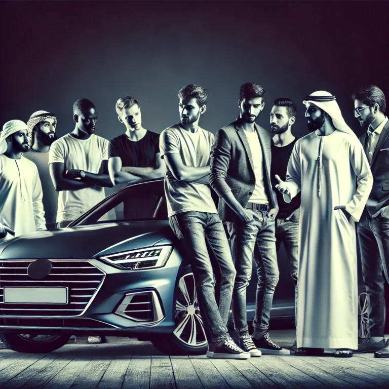 Group of men discussing car features highlighting car depreciation in UAE