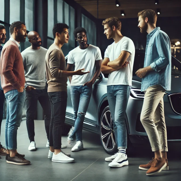 Group of men discussing car for sale in Abu Dhabi showroom