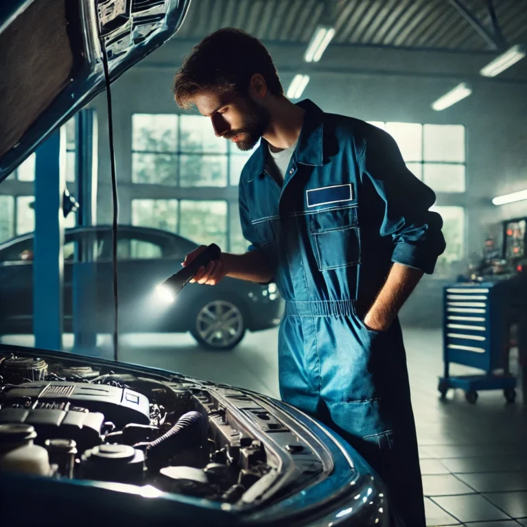 Professional conducting car inspection in Abu Dhabi garage