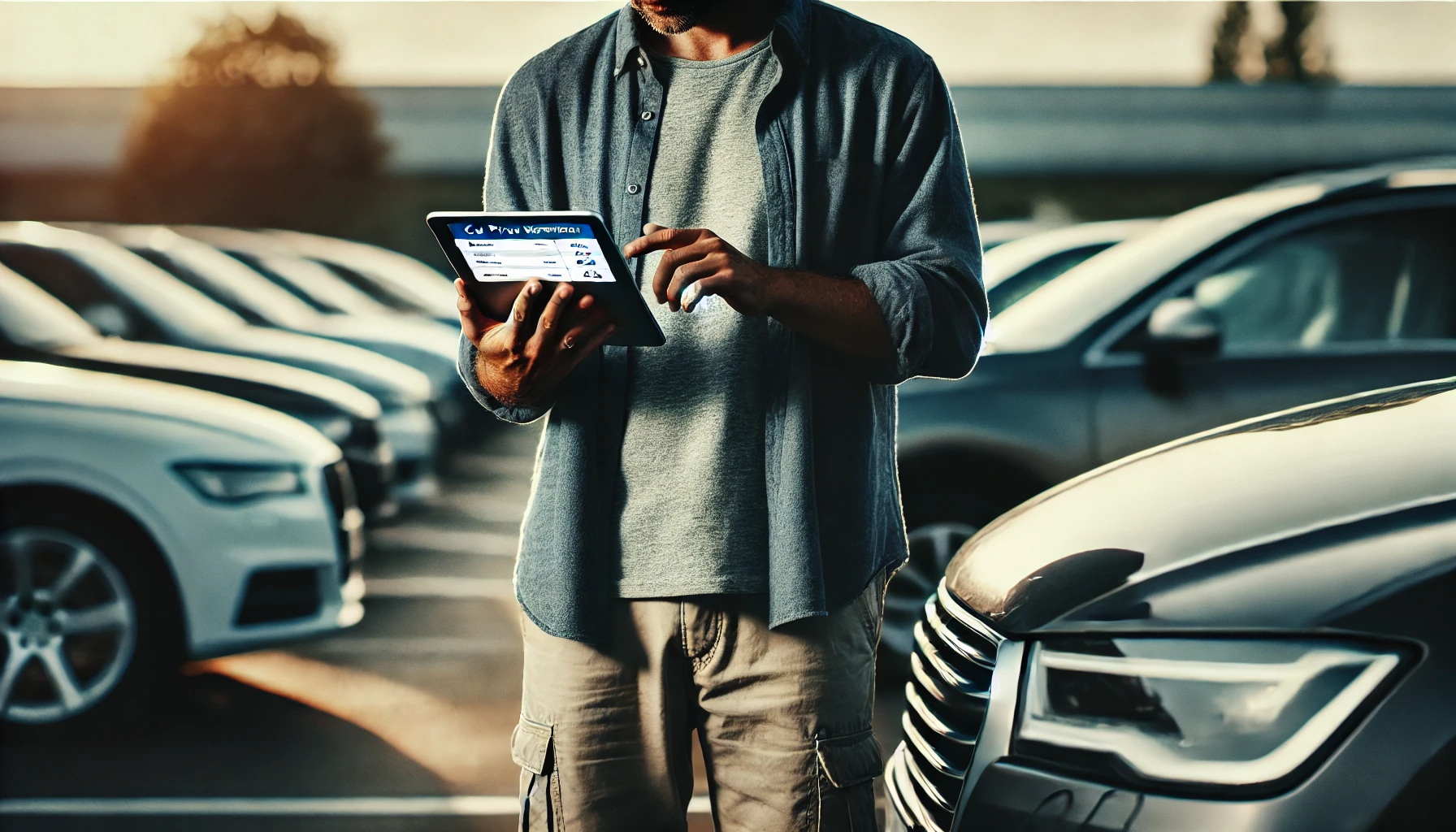 Man checking car price in UAE on a tablet beside a car