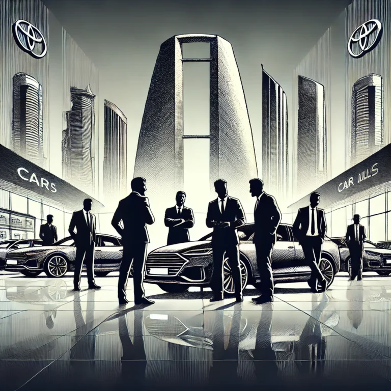 Diverse men discussing car sale in a dealership in Abu Dhabi