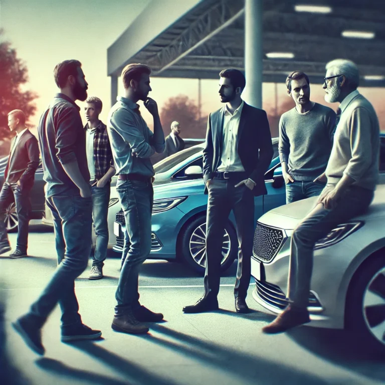 Group of men exploring pre-owned cars in UAE at a car dealership