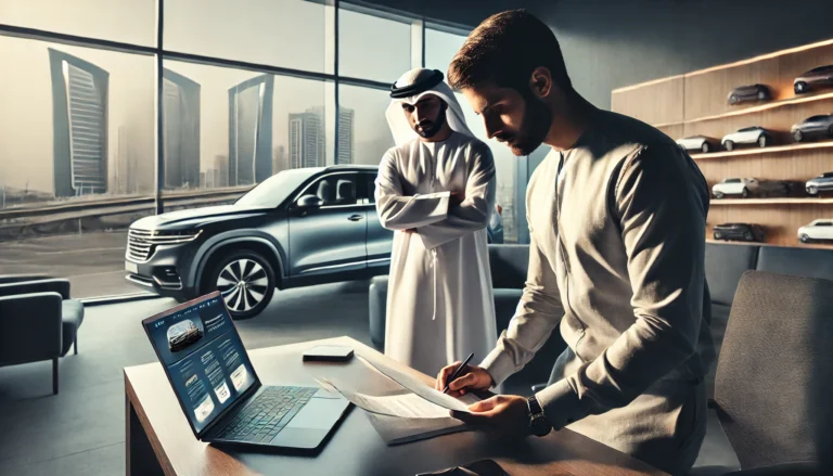 Man analyzing Car Valuation Online UAE on a laptop in a modern office.