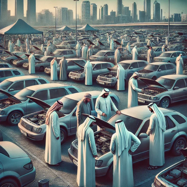 Men inspecting second hand cars in Abu Dhabi, focusing on car valuation.