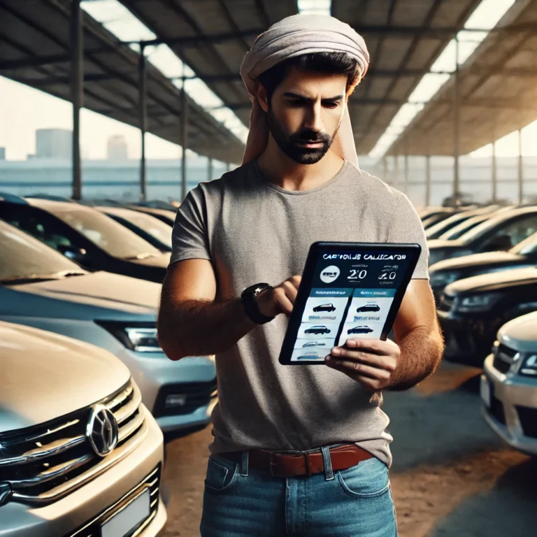 Man using car value calculator UAE on tablet while checking used car