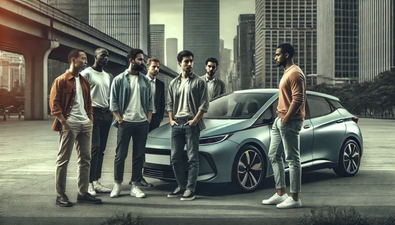 Men discussing a modern car in an urban setting for Cars Com UAE