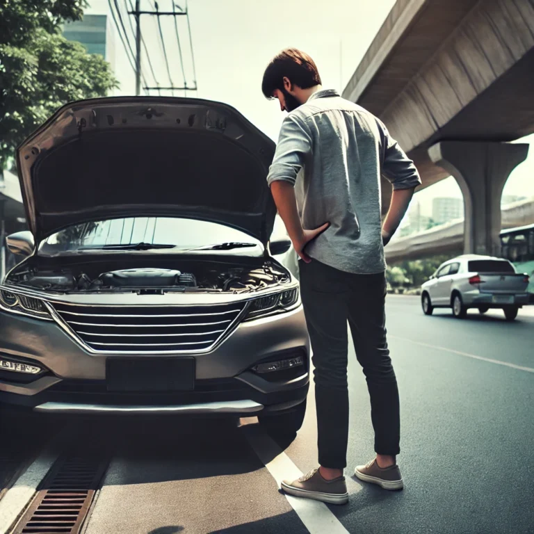 Man inspecting a used car for sale in UAE on a sunny day