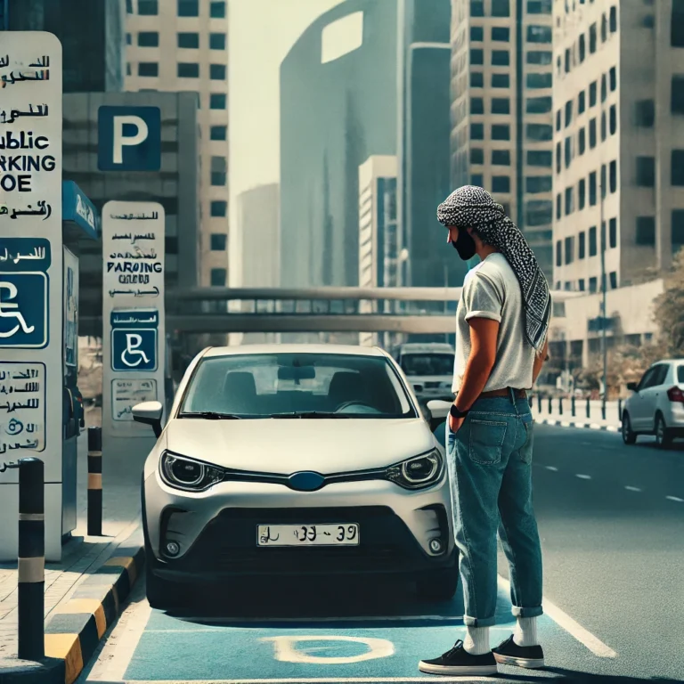 Man inspecting parked car in Abu Dhabi to sell my car quickly.